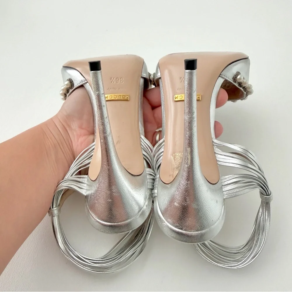GUCCI || Allie Bow Metallic Pearl Crystal Bridal Sandals Silver Heels EU 36.5